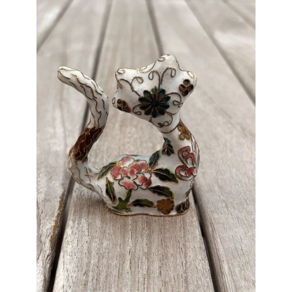 Cloisonne Brass Enamel Persian Cat Kitten Gold Trim Pink Blue Flowers 3” - Picture 2 of 6